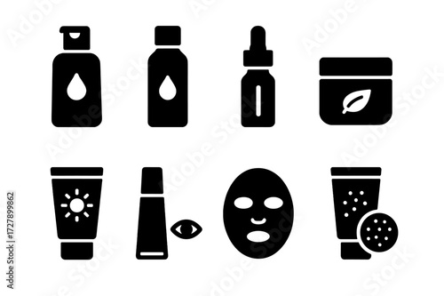 Daily Skincare Icons. Solid, filled icon set of daily skincare routine: cleanser, toner, serum, moisturizer, sunscreen, eye cream, face mask, exfoliator.
