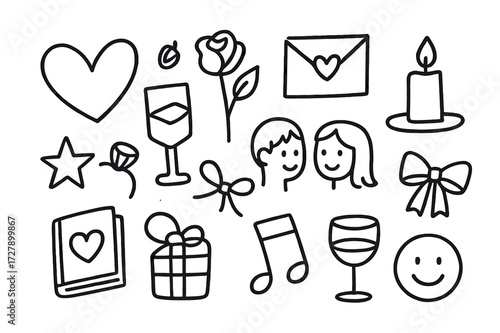 Romantic Doodle Icons. Hand-drawn doodle illustration romance genre heart, rose, letter, envelope, candle, star, book, ring, couple icon, gift box, ribbon,