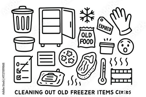 Freezer Cleanup Doodles. Hand-drawn doodle illustration [cleaning out old freezer items] [trash bin, open freezer, old food bag, snowflake, expiration tag,