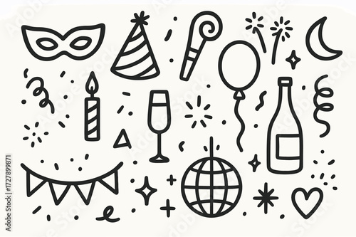 Party Celebrations Icons. Hand-drawn doodle illustration Party accessories mask, party hat, horn blower, balloon, champagne glass, bottle, candle, fireworks,
