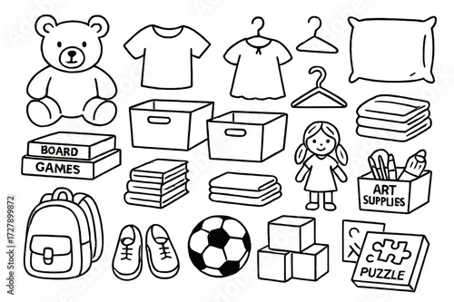Kids' Closet Essentials. Hand-drawn doodle illustration Kids? closet toys, teddy bear, board games, storage bins, books, folded clothes, hangers, school bag,