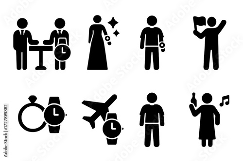 Watch Occasion Icons. Solid, filled icon set of watch wearing occasions: business meeting, gala event, casual outing, sports event, wedding, travel, daily