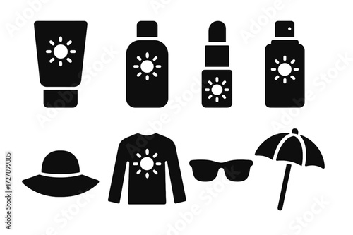 Sun Protection Essentials. Solid, filled icon set of sun protection products: SPF cream, aftersun lotion, lip balm, sunblock spray, wide brim hat, UV