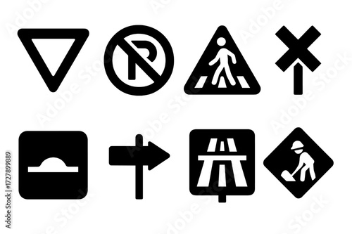 Traffic Sign Icons. Solid, filled icon set of road and traffic signs: yield sign, no parking, pedestrian crossing, railroad crossing, speed bump, detour sign,