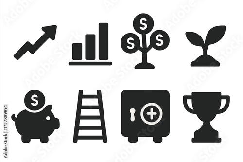 Icons of Wealth Growth. Solid, filled icon set of wealth growth: upward arrow, bar chart, tree with coins, growing plant, piggy bank with coin, ladder, safe