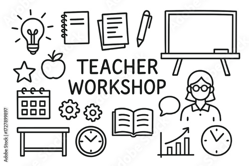Teacher Workshop Icons. Hand-drawn doodle illustration teacher workshop ideas light bulb, notebook, paper sheets, pen, chalkboard, apple, star, gears, speech