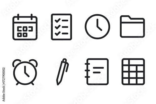 Homework Icon Set. Outline icon set of homework organization: calendar, checklist, clock, folder, alarm, pen, notebook, timetable. Line icons in only black