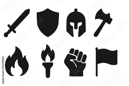 Rivalry Battle Icons. Solid, filled icon set of rivalry battles: sword, shield, helmet, battle axe, flame, torch, fist, flag. Solid, filled icons in only black