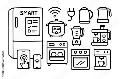 Smart Home Doodle. Hand-drawn doodle illustration Smart appliances smart fridge, touchscreen, kettle, rice cooker, blender, food processor, toaster, coffee