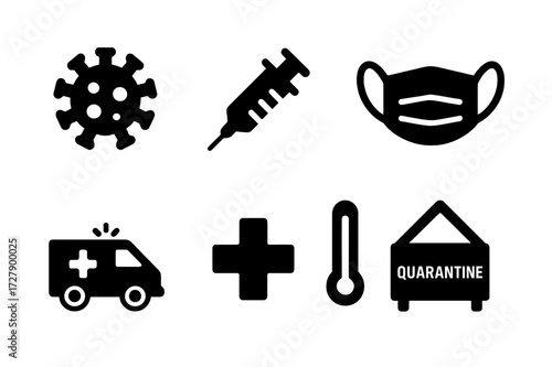 Health Crisis Icons. Solid, filled icon set of health crisis: virus, syringe, hospital building, face mask, ambulance, medical cross, thermometer, quarantine