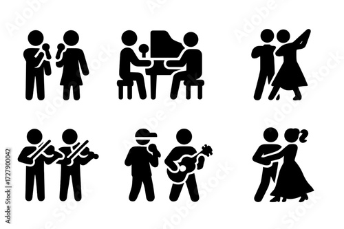 Duet Icons Grid. Solid, filled icon set of duet performances: singing duo, piano duet, dance partners, violin duet, guitar duo, comedy pair, rap duo, ballroom