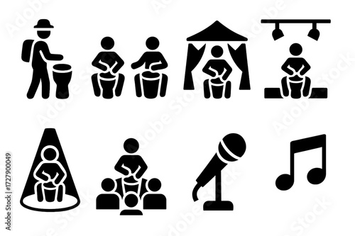 Hand Drum Icons. Solid, filled icon set of hand drum performance: street musician, drum circle, festival, stage, spotlight, audience, microphone, music notes.