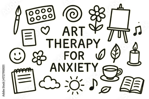 Art Therapy Doodles. Hand-drawn doodle illustration Art therapy for anxiety [paintbrush, palette, easel, notebook, heart, flower, leaf, candle, smiley face,