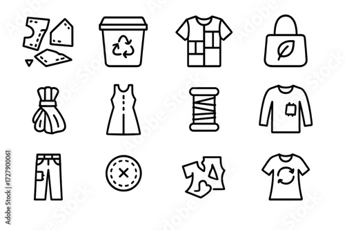 Zero Waste Fashion Icons. Zero waste fashion. Line icon set of zero waste fashion: pattern scraps, fabric recycling bin, patchwork garment, upcycled bag,