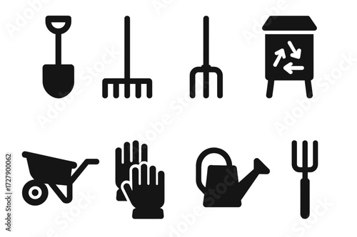 Composting Tools Icons. Solid, filled icon set of composting tools: shovel, rake, pitchfork, compost bin, wheelbarrow, gloves, watering can, garden fork. [Line