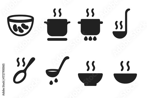 Soup Cooking Icons. Solid, filled icon set of soup cooking stages: soaking beans, boiling pot, simmering stove, stirring spoon, tasting spoon, ladling soup,