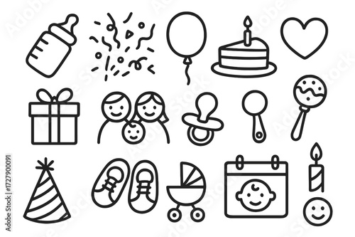 Celebratory Baby Doodle. Hand-drawn doodle illustration birth celebrations and traditions baby bottle, confetti, balloon, cake, heart, gift box, family,