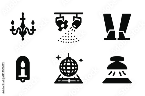 Ballroom Lighting Icons. Solid, filled icon set of ballroom floor lighting: chandelier, spotlights, LED floor lights, uplighting, wall sconces, disco ball,