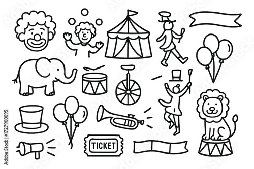 Circus Parade Doodles. Hand-drawn doodle illustration circus parades clown face, juggling balls, circus tent, parade float, elephant, drum, unicycle, top hat,