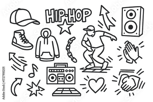 Hip Hop Elements. Hand-drawn doodle illustration hip hop dance hat, sneakers, graffiti star, boom box, hoodie, bent knees, arrows, chain, rhythm icon, clap