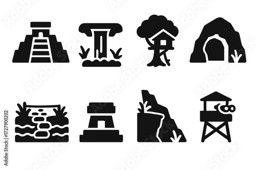 Jungle Landmark Icons. Solid, filled icon set of jungle landmarks: ancient ruins, waterfall, treehouse, cave, river crossing, stone altar, cliff edge, wildlife
