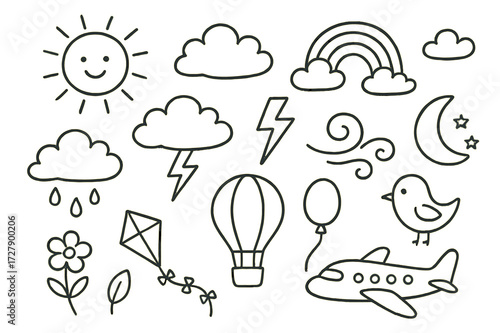 Springtime Sky Doodles. Hand-drawn doodle illustration Springtime sky sun, cloud, rainbow, raindrops, lightning, moon, stars, wind swirl, bird, kite, balloon,