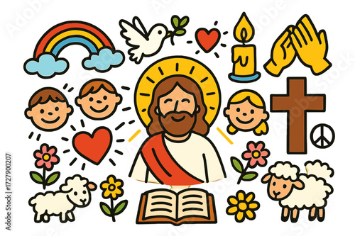 Symbols of Forgiveness. Jesus' forgiveness. Colorful Hand-drawn doodle Children illustration Jesus, cross, heart, dove, praying hands, open book, light rays,