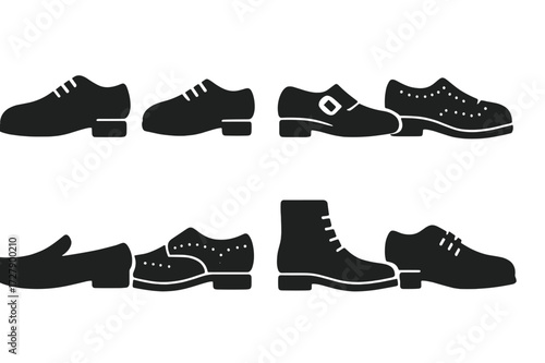 Formal Shoe Icons. Solid, filled icon set of formal shoes: oxford shoes, derby shoes, monk strap, brogues, loafers, wingtip shoes, dress boots, patent leather