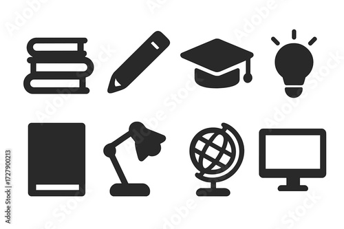 Study Icon Set. Solid, filled icon set of study and learning: book stack, pencil, graduation cap, light bulb, notebook, desk lamp, globe, computer monitor.