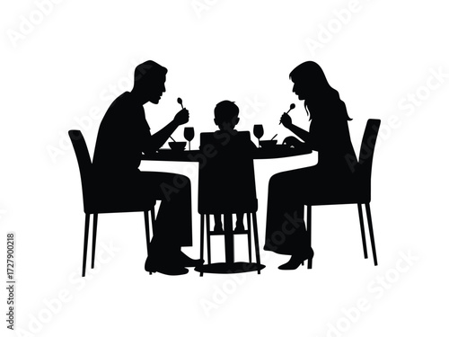 vector silhouette of father, mother and child having dinner
