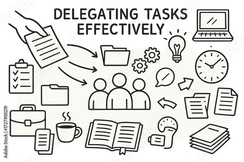 Task Delegation Doodle. Hand-drawn doodle illustration Delegating tasks effectively [hand passing paper, group of people, arrows, checklist, folder, laptop,