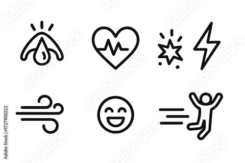 Thrill Icon Set. Outline icon set of thrill sensations: adrenaline, heartbeat, energy burst, electric shock, fast wind, speed lines, excitement, jumping. Line