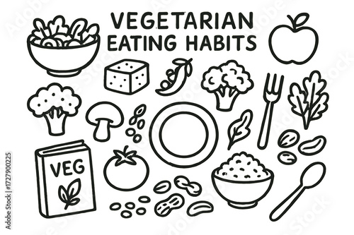 Vegetarian Doodle Icons. Hand-drawn doodle illustration [Vegetarian eating habits] [salad bowl, tofu, apple, broccoli, lentils, peas, mushroom, fork, tomato,