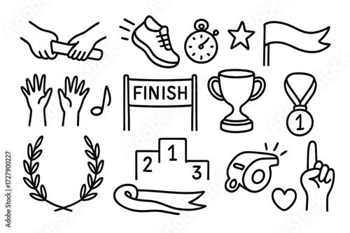 Relay Race Elements. Hand-drawn doodle illustration Relay race success baton, running shoes, stopwatch, flag, ribbon, star, finish line, cheering hands, medal,