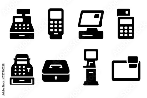Cash Register Icons. Solid, filled icon set of cash register types: traditional cash register, modern POS terminal, touchscreen register, mobile card reader,