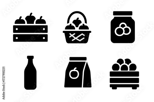 Farm Produce Icons. Solid, filled icon set of farm produce packaging: crates, baskets, sacks, jars, bottles, boxes, bags, pallets. [Line icons in only black