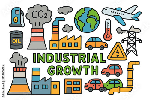 Colorful Industrial Doodle. Industrial growth. Colorful Hand-drawn doodle Children illustration Factory, smokestacks, oil barrel, gas pump, CO2 cloud, power