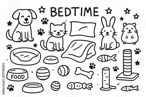Pet Bedtime Doodle. Hand-drawn doodle illustration bedtime with multiple pets dog, cat, rabbit, hamster, pet bed, blanket, pillow, food bowl, water dish, toy