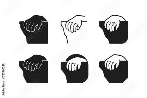 Tired Hands Logo Variations. Tired hands clutching the edge of a cliff. Set Logo of tired hands clutching the edge of a cliff: reaching hand. harmonious logo