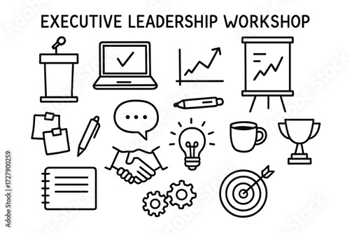Executive Workshop Icons. Hand-drawn doodle illustration [Executive leadership workshop] [podium, laptop, chart, whiteboard, marker, sticky notes, notebook,