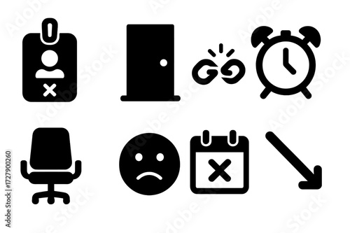 Reduction in Force. Solid, filled icon set of reduction in force: lost badge, closed door, broken chain, alarm clock, empty chair, sad face, canceled meeting,