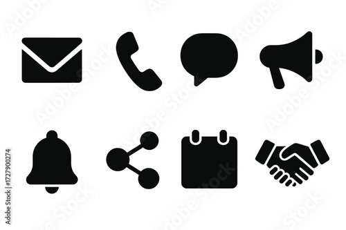 Executive Icon Grid. Solid, filled icon set of executive communication: email, phone call, chat bubble, megaphone, notification bell, social media, calendar