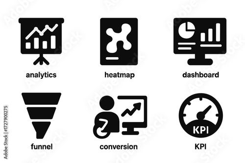 Audience Analysis Icons. Solid, filled icon set of audience analysis tools: analytics, heatmap, report, dashboard, funnel, conversion, trend, KPI. [Line icons