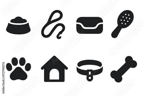 Pet Care Icons. Solid, filled icon set of pet care items: pet bowl, leash, pet bed, grooming brush, paw print, pet house, collar, bone. Solid, filled icons in