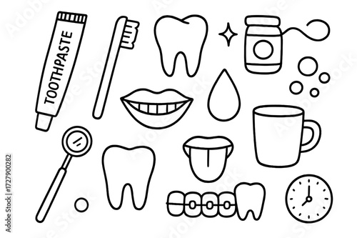 Dental Care Doodles. Hand-drawn doodle illustration Dental care toothpaste tube, toothbrush, tooth, floss, mouthwash bottle, mirror, lips, smile, water