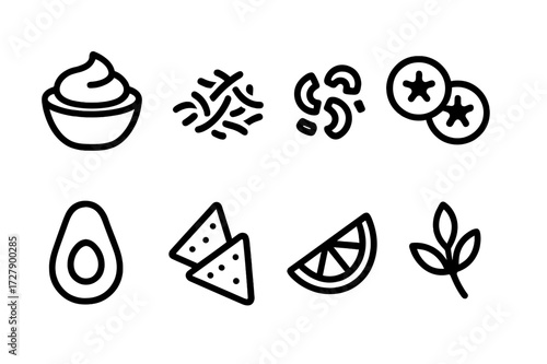 Spicy Bean Toppings Icons. Solid, filled icon set of spicy bean garnishes: sour cream, shredded cheese, chopped onions, jalapeno slices, avocado, tortilla
