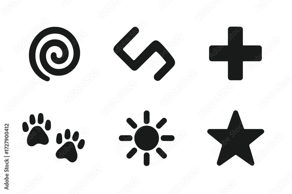 Obraz premium Cave Painting Icons. Solid, filled icon set of cave painting motifs: spirals, zigzags, circles, crosses, animal tracks, waves, suns, stars. [Solid, filled