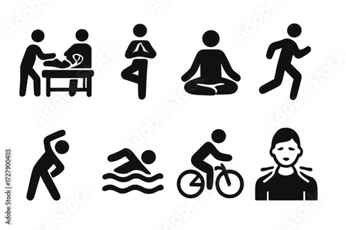 Recovery Activities Icons. Solid, filled icon set of recovery activities: physical therapy, yoga pose, meditation, jogging, stretching, swimming, cycling, deep