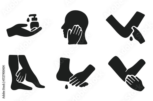 Lotion Icon Set. Solid, filled icon set of lotion related body parts: hands, face, arms, legs, feet, neck, shoulders, elbows. Solid, filled icons in only black
