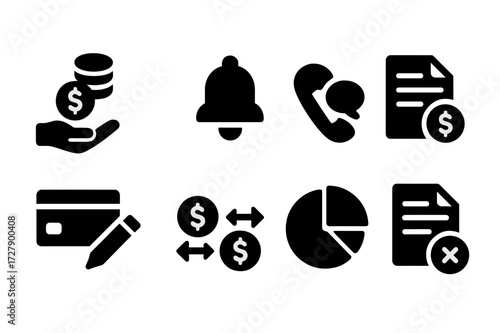 Zero Balance Icons. Solid, filled icon set of zero balance customer actions: deposit funds, set reminders, contact support, review statements, update payment